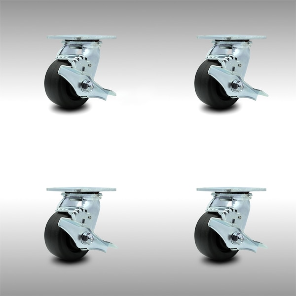 4 Inch SS Polyolefin Caster Set with Ball Bearings and Brake/Swivel Lock SCC